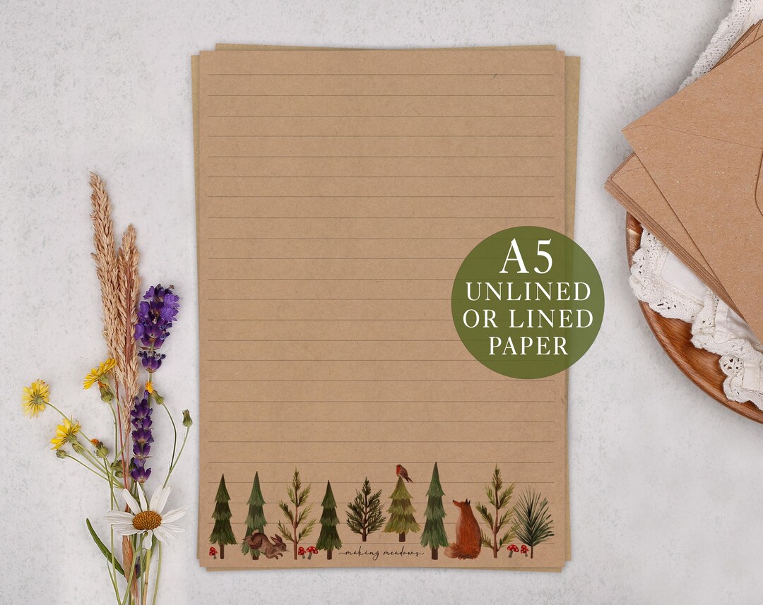 A5 Kraft Letter Writing Paper With Woodland Forest - Lined or Unlined ...