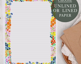 A4 Letter Writing Paper Sheets | Watercolour Flowers, Floral Border  | Lined or Unlined Paper | Stationery Gift or Thoughtful Present