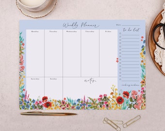 Blue Floral Weekly Planner desk Pad - 50 Tear Off Pages, perfect for planning your week out & scheduling your time - Lovely stationery gift!