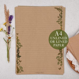 A4 Kraft Letter Writing Paper With Botanical Greenery - Lined or Unlined Stationery Set