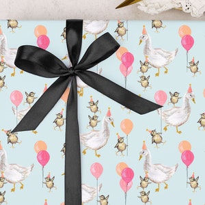 Birthday Wrapping Paper | Cute Blue Duck, Goose & Baby Chick Gift Wrap | FOLDED single sheet wrap in a matt finish with optional ribbon