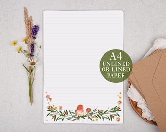 A4 Letter Writing Paper With Christmas Robin - Lined or Unlined Stationery Set