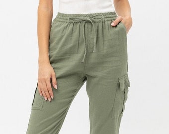natural clothing for women flax capris Green linen pants tapered linen pants