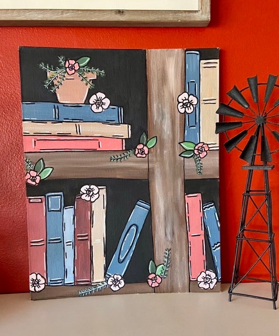Acrylic on Flat Canvas Floral Bookshelf Book Painting for - Etsy
