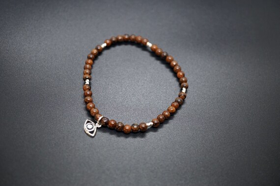 Sterling Silver Evil Eye Bracelet, Pumpkin Obsidian Beaded Charm