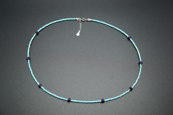 Faceted Tiny Turquoise Necklace, Lapis Lazuli Beaded Necklace, Blue Bead Necklace