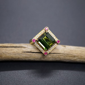 Green Tourmaline Diamond Ruby Ring: 18K Gold Engagement Ring, US6