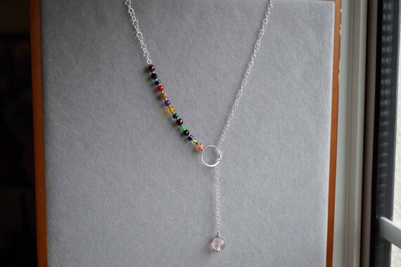 Sterling Silver Lariat Necklace, Rose Quartz Y Necklace, Multicolor Beads Choker, DIY Necklace