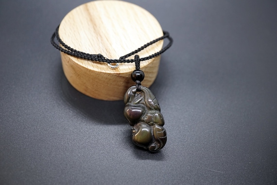 Genuine Obsidian Charm Necklace Luck Pattern Obsidian Pendant Necklace 14''
