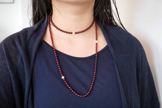 Garnet Choker Necklaces, Beaded Long Necklace, Pearl Long Necklace, January Birthstone Necklace ,41''