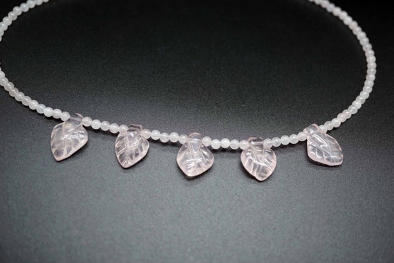 Natural Rose Quartz Necklace, Tiny Rose Quartz Necklace, Rose Quartz Leaf Charm Necklace