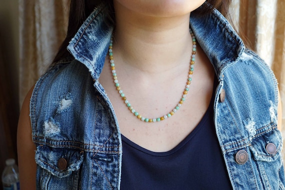 Natural Jade Bead Necklace,Multi-color Jade Necklace, Hand Knotted Jade Necklce, Round Jade Necklace 5.2mm