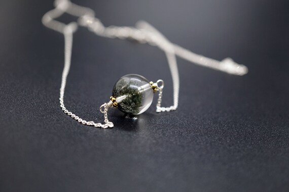 Natural Green Phantom Quartz Charm Necklace Sterling Silver Choker Healing Crystal