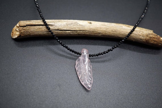 Beaded Black Tourmaline Necklace, Faceted Tourmaine Necklace, Rose Quartz Leaf Charm Necklace