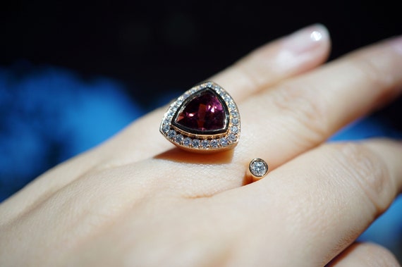 Red Triangle Tourmaline Ring, Diamond Tourmaline Ring, Brilliant Engagement ring, 18K Rose Gold Ring