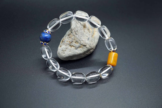 Genuine Clear Quartz Bracelet, Smooth Barrel Bracelet, Lapis Lazuli Charm Bracelet, 11mm