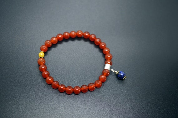 Round Carnelian Beaded Bracelet, Lapis Lazuli Charm Bracelet, Stretch Bracelet 6mm, Red Carnelian