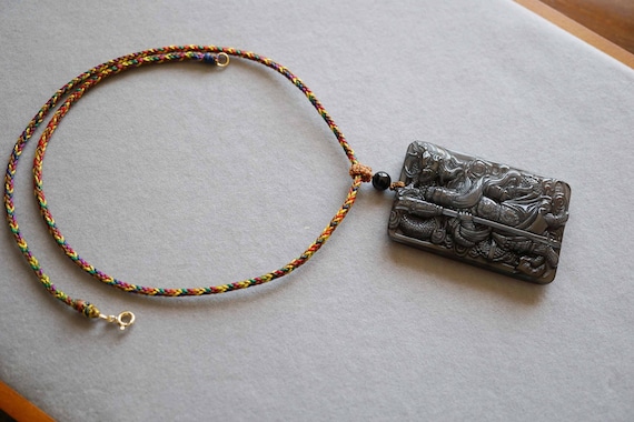 Natural Transparent Obsidian Pendant, Carved Guanyu Pendant, Guangon Obsidian, Waxed Cord Necklace