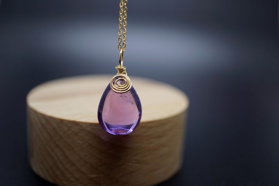 Teardrop Amethyst Pendant, Natural Amethyst Charm, Amethyst Charm Necklace 16''