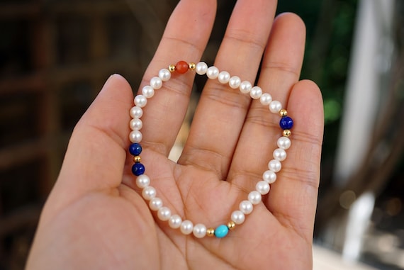 Pearl Lapis Lazuli Agate Turquoise 18K Gold Bracelet Cute 4.5mm Elegant June Birthstone