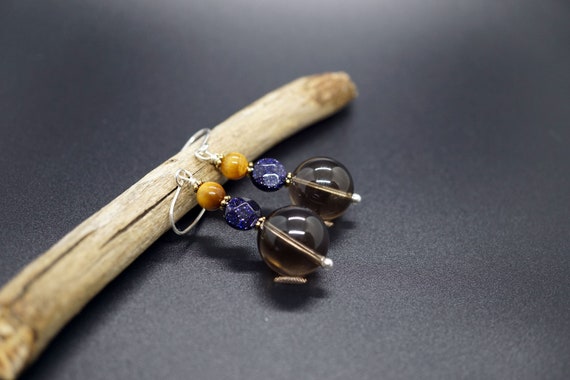Smoky Quartz Earrings, Handmade Dangle Drop Earring, Silver Hook Earrings, Gold Tiger Eye Earrings