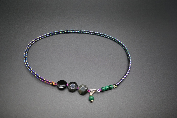 Handmade Woven Bracelet, 2 Strands Bracelet, Black Obsidian Bracelet, Green Cord Bracelet