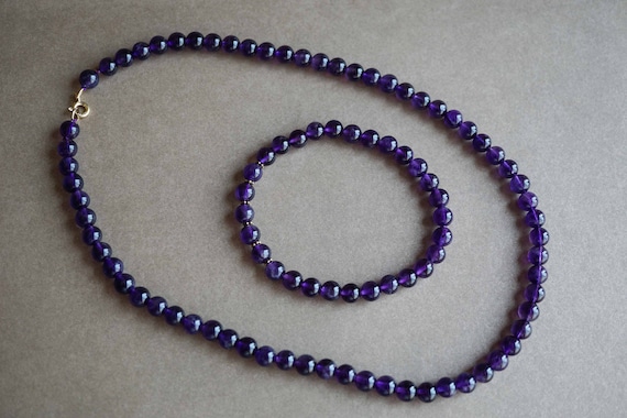 Natural Amethyst Jewelry Set, Amethyst Bracelet, Amethyst Beaded Necklace 6.4mm