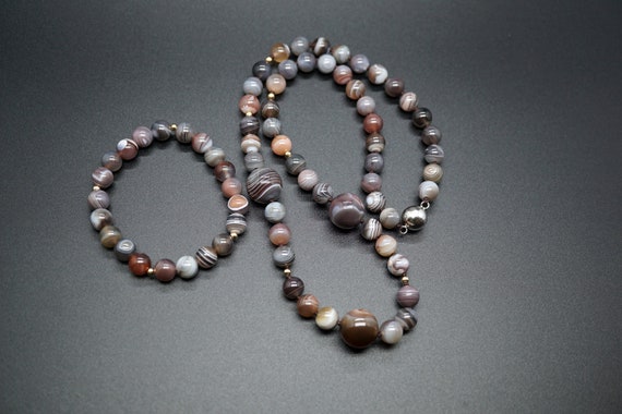 Round Botswana Agate Beaded Necklace and Bracelet Jewelry Set Gift for Her
