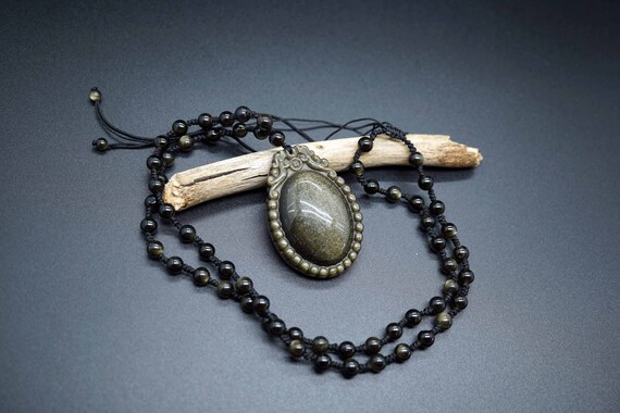 Golden Obsidian Pendant, Oval Obsidian Charm, Gold Obsidian Bead Necklace, Adjustable Necklace