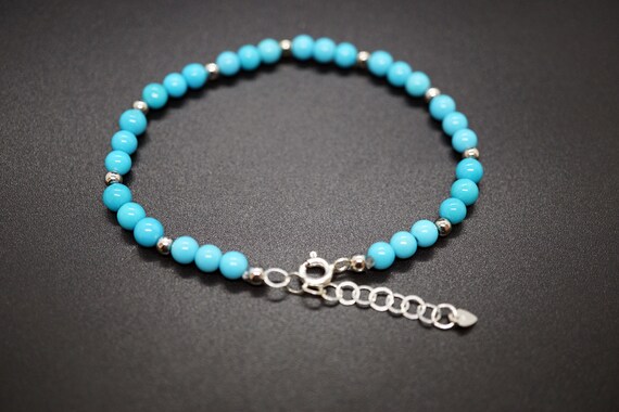 Natural Sleeping Beauty Turquoise Bead Bracelet Silver Beads Adjustable Bracelet December Birthstone