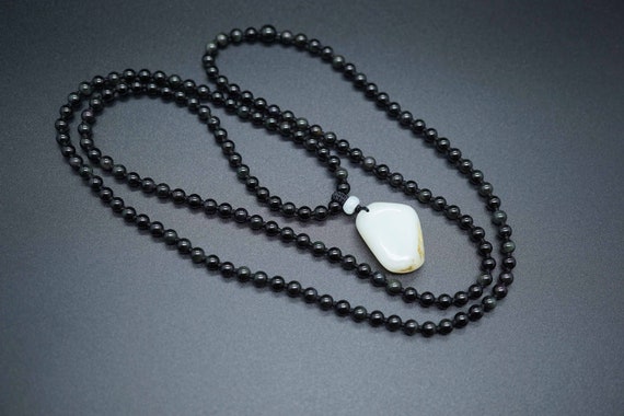 Natural Fatty Jade Pendant, White Jade Nugget Charm, Obisidian Bead Necklace, Black Long Necklace