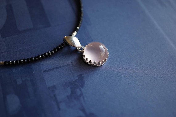 Natural Rose Quartz Pendant, Round Cabochon Rose Quartz Charm, Silver Gallery Pendant, Black Tourmaline Choker