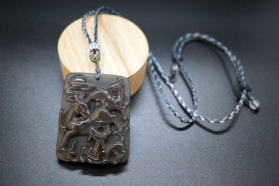 Natural Obsidian Pendant, Three Sheep Pendant,Handmade Long Necklace, Lucky Obisidan Necklace