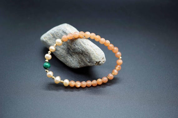 Genuine Sunstone Bracelet, Pearl Bracelet, Malachite Charm Bracelet, Design Bracelet, 5.5mm