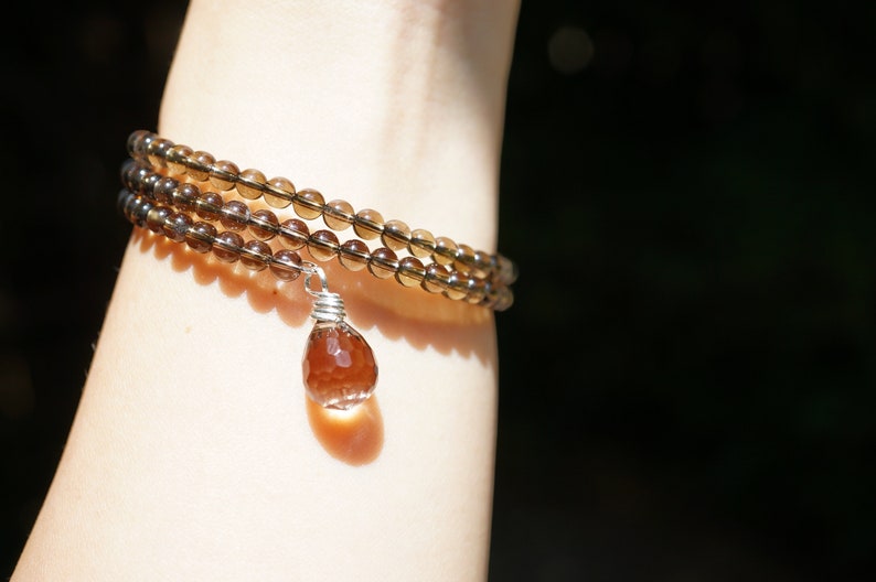 Smooth Smoky Quartz 2 Strand Memory Wire Bracelet Bangle with Tiny Charms 4mm For Her