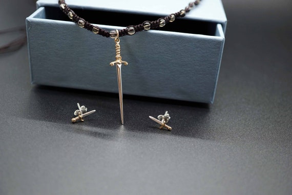 Sterling Silver Sword Pendant, Smoky Quartz Choker Necklace, Mini Dagger Post Earrings, Sword Jewelry Set
