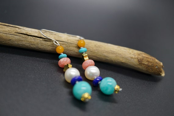 Amazonite Earrings, Handmade Dangle Drop Earrings, Silver Hook Earrings, Multi-color Earrings