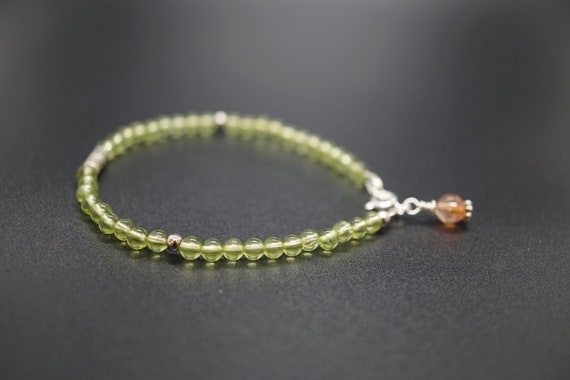 Natural Peridot Bracelet, Green Beaded Bracelet, Plain Round Bead Necklace, Sunstone Charm Bracelet, Gift For Her 3.8mm