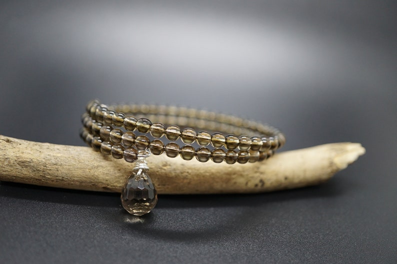 Smooth Smoky Quartz 2 Strand Memory Wire Bracelet Bangle with Tiny Charms 4mm For Her