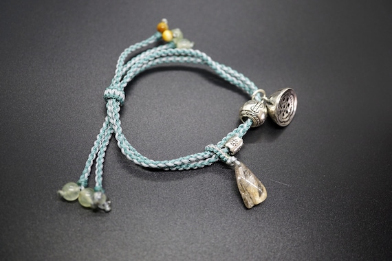 2 Strands Cord Bracelet, Two Tone Rope Knots Bracelet, Silver Lotus Charm, Silver Rutilate Quartz Chip