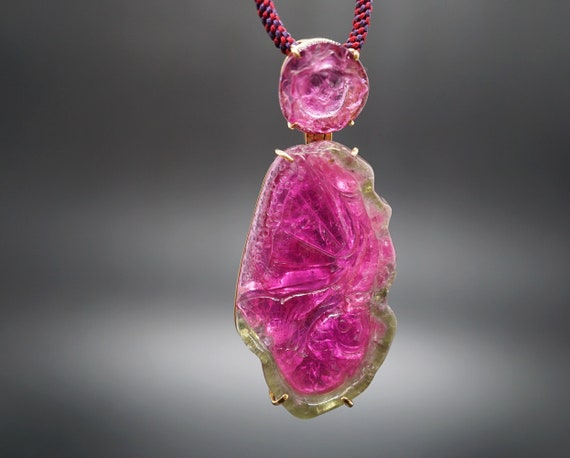 18K Rose Gold Watermelon Tourmaline Pendant With Handmade Cord Best Gift to Mom Wife Lover Fish Lotus Flower