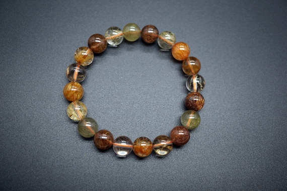 Natural Rutilated Quartz, Multicolor Rutilated Quartz Beaded Bracelet, 9.5mm Bead