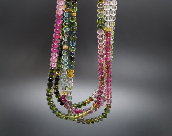 Genuine Tourmaline Multi-purpose Long Necklace Good Quality 18K Gold  Beads 42'' 4MM