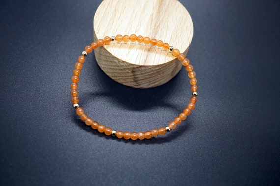 Red Rabbit Hair Quartz Bracelet With Gold Filled Bead, Stackable Bracelet for Her 4mm