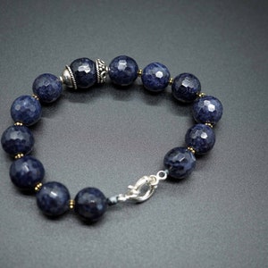 Blue Faceted Sapphire, Sapphire Beaded Bracelet, 12MM, Silver Spring Ring Bracelet