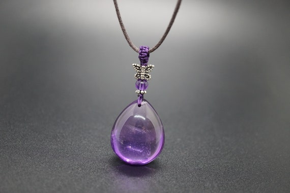 Natural Plain Teardrop Amethyst Pendant With Adjustable Brown Cord 23*19MM Purple Luck Gift to Her to Him February Birthstone