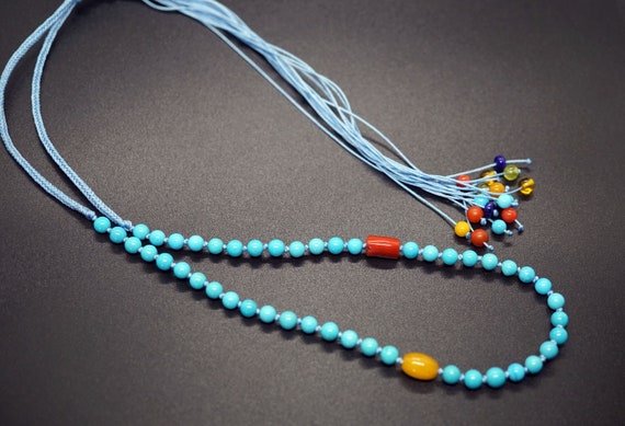 Natural Sleeping Beauty Turquoise Bead Necklace, Handmade Knot Necklace, Adjustable Long Necklace