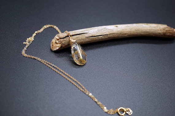 Natural Teardrop Gold Rutilated Quartz Pendant, Gold Filled Necklace 16''
