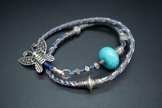 Braided Multi Color Cord Bracelet 2 Strands Bracelet with 925 Silver Butterfly Charm