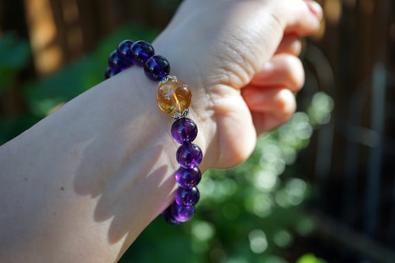 Natural Amethyst Bracelet, Amethyst Bead Bracelet, Citrine Bead Bracelet, February Birthstone 10mm